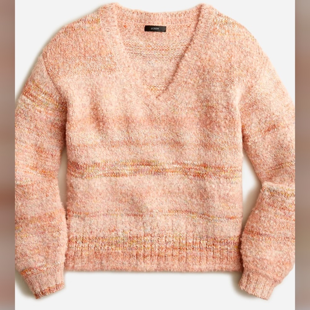 J Crew Puff sleeve V neck sweater in pink rainbow sherbet coral space dye NWT L
